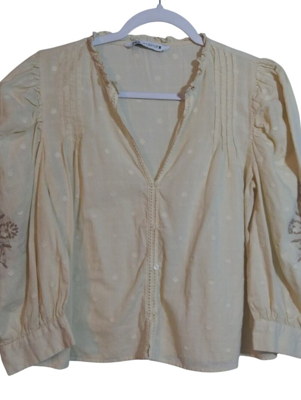 Zara Tan Dot-Pattern V-Neck Button Balloon Embroidered Sleeve Blouse Size Small